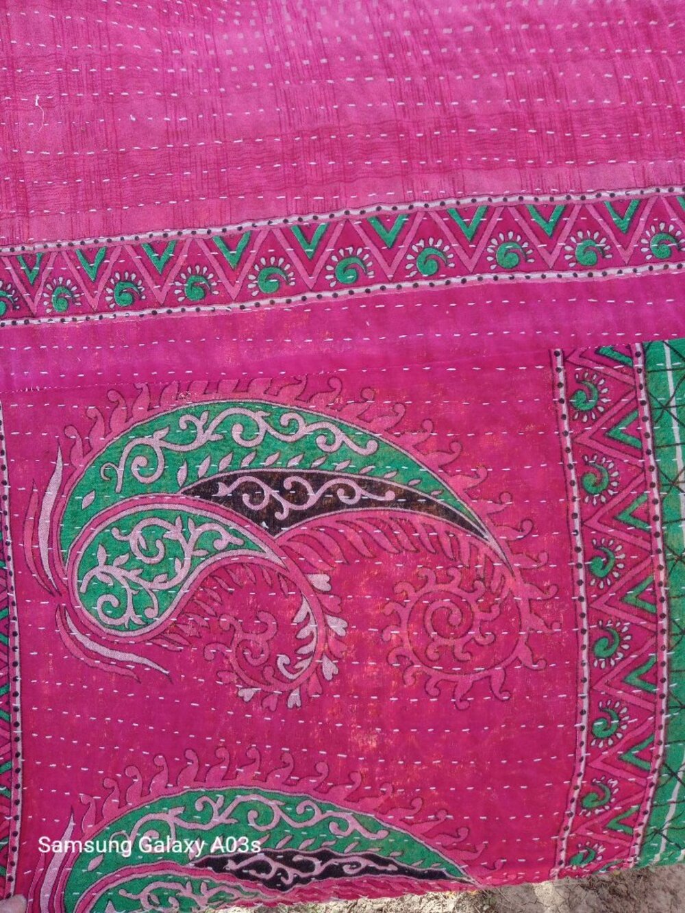 Kantha Quilt Hot Pink Green Premium 3 Layer Cotton Handmade In India K169.